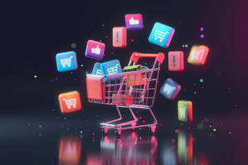 A shopping cart with a bunch of icons on it. Cyber Monday, sale, purchase, black friday