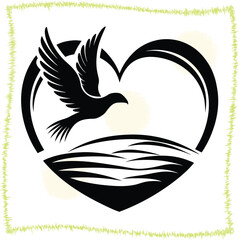 Graceful Dove Soaring within a Heart Shaped Landscape Silhouette Emblem of Peace and Freedom Black and White Artistic Design