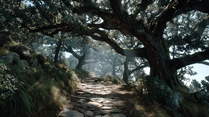 Fototapeta premium Mystical forest trail illuminated by soft sunlight invites adventure in an enchanting fantasy landscape