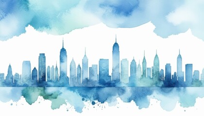 Watercolor city skyline with blue and green abstract paint splatters reflecting below