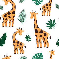 African animals pattern for kids. Seamless pattern with giraffes. Flat cartoon vector illustration