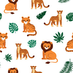 African animals pattern for kids.Seamless pattern with safari animals,lion,tiger,cheetah. Flat cartoon vector illustration