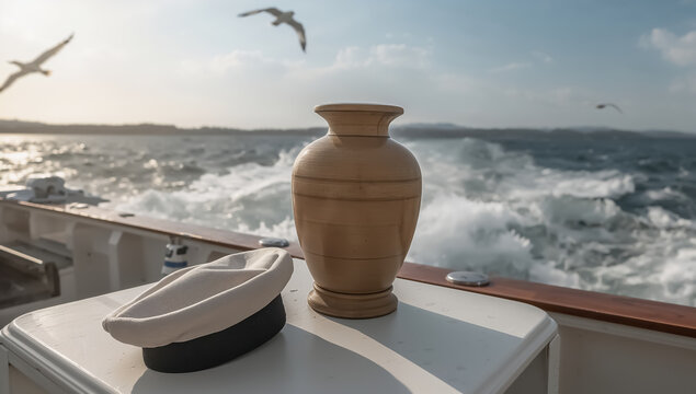 A funeral urn with a sailor's cap on a table on a boat with the sea in the background