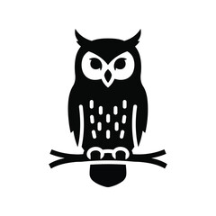 Stylized silhouette owl perched on branch minimalist icon vector art isolated on white background