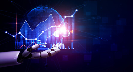 A robotic hand displays dynamic data visualizations showcasing global trends and analytical graphs. Perfect for concepts in technology, business, and innovation. Scalp