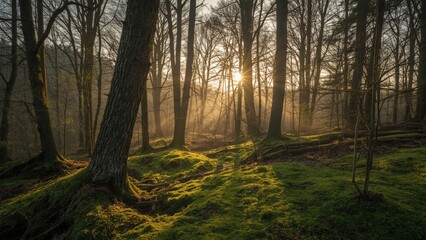 Obraz premium A magical forest covered with moss in spring, beautiful forest background, nature, wood, tree, landscape, light, forest, green, sunset, Italy