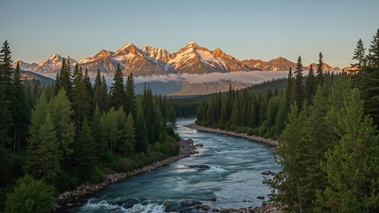 river at sunrise near park with snow-capped mountains and lush forest.