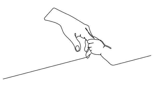 One continuous line drawing of baby kid hand holding mom dad parents hands. Childhood with family. Daughter have bonding with her father. Family doodle outline art line vector illustration