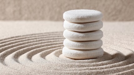 Stacked White Stones on Sand in Zen Garden Style with Gentle Ripple Patterns and Balance