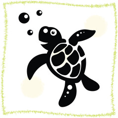 Cute Cartoon Sea Turtle Swimming Underwater with Bubbles Vector Illustration Graphic Element Design for Childrens Books and Educational Materials