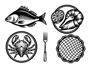 Seafood Icon Vector Set in Vintage Engraving Style