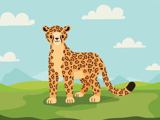 Cheetah on savanna background.Kids African animals.Flat cartoon vector illustration