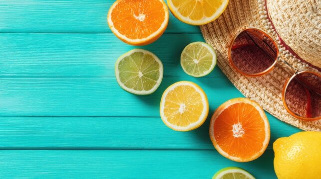 Juicy citrus fruits are beautifully displayed next to fashionable sunglasses on a blue surface. - Powered by Adobe