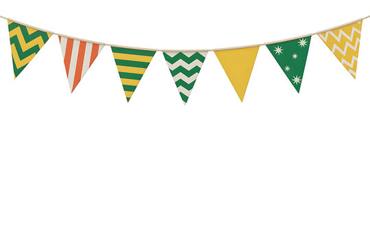 Colorful bunting flags in various patterns, creating a festive and celebratory atmosphere.