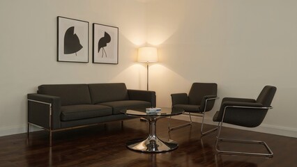 Interior of a living room in a small modern apartment furnished with sofa, round table, and chairs
