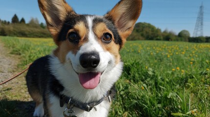 A joyful corgi stands in a green field surrounded by bright yellow flowers under a sunny sky.
