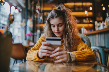 A woman is sitting at a table with a cell phone in her hand. Cyber Monday, sale, purchase