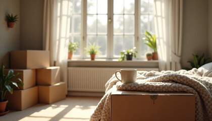 Moving boxes stacked up in bedroom next to bed and warm drink represents moving boxes and new beginning. The moving boxes signify starting fresh in new home, apartment, or dorm room,