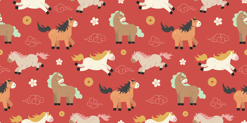 Seamless Chinese New Year 2026 pattern with cute hand-drawn horses, clouds, coins, and flowers. Warm red, beige, mint, and gold palette. Perfect for festive textiles, gift wrap, wallpapers, cards, and