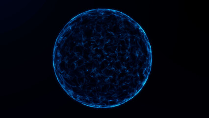 A glowing digital abstract blue energy sphere with fluid particle wave motion on dark background. Futuristic sci-fi sphere with flowing dots and glowing light aura. 3D illustration for tech design.
