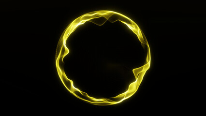 Glowing abstract yellow plasma energy sphere with dynamic flowing light waves and soft particles on dark background. Futuristic digital design in high contrast. Vivid color with circular light glow