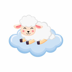 Obraz premium Adorable cartoon sheep peacefully resting on a soft blue cloud, a charming illustration symbolizing sweet dreams, tranquility, and gentle comfort for children's designs and serene concepts