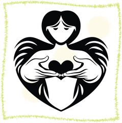 Abstract woman holding heart emblem within hands creating a loving protective gesture of care and emotional support a symbol of compassion and affection