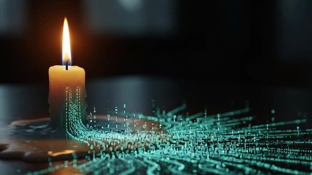 Burning candle melts into flowing digital data streams, symbolizing the fusion of analog and digital worlds in a dynamic visual narrative. - Powered by Adobe