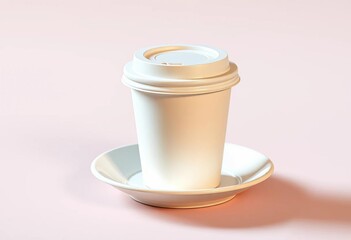 Obraz premium Disposable paper coffee cup with lid, sitting on a saucer, outside, beverage