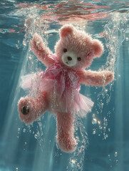 Pink teddy bear floating underwater in soft light, symbolizing childhood memories, nostalgia, and the fragile beauty of innocence.
