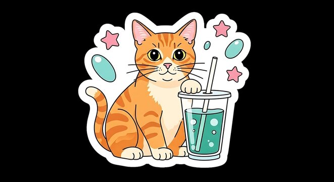 Ginger Cat with Drink - A Whimsical Sticker Design.