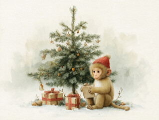 Cute Cat and Kitten Posing by a Small Christmas Tree