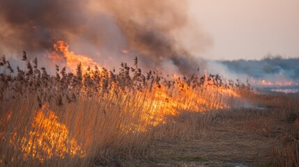 Bright flames consume dense grasses creating an impressive yet alarming display in the evening light.