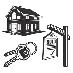 Black and white illustration of a house with a sold sign and keys on a white background representing real estate success