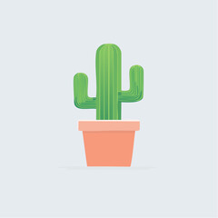 Green desert cactus plant in a simple terracotta pot, isolated on a clean, light gray background, flat design illustration