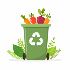 Green recycling bin overflowing with fresh fruits and vegetables, promoting organic waste and sustainable living
