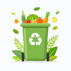 Green compost bin filled with fresh vegetables and fruits, symbolizing organic waste recycling and a sustainable food concept