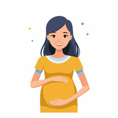 Happy pregnant woman tenderly holding her baby bump. A charming vector illustration of maternity, expectation, and new beginnings