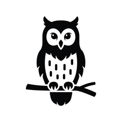 Charming black and white owl silhouette perched on branch vector art for graphic design projects isolated on white background