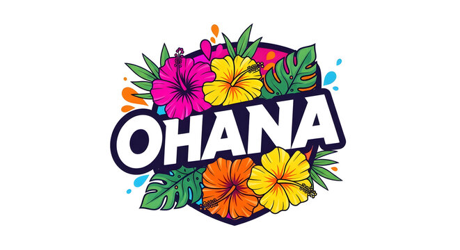 Ohana tropical floral design vibrant hibiscus flowers and monstera leaves vector illustration for summer events and branding