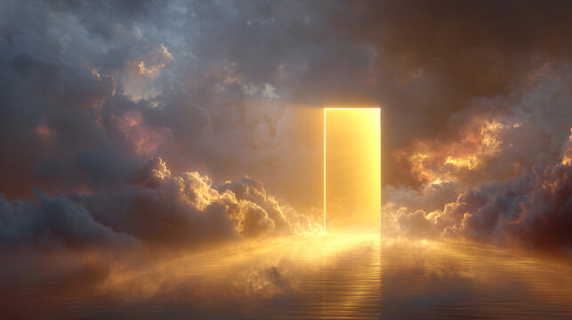 Glowing golden doorway portal opening into radiant celestial dimension mystical teleportation