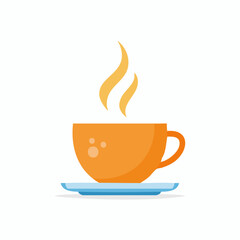 Orange cup of hot drink with steam rising, on a blue saucer, simple design, ideal for a coffee shop