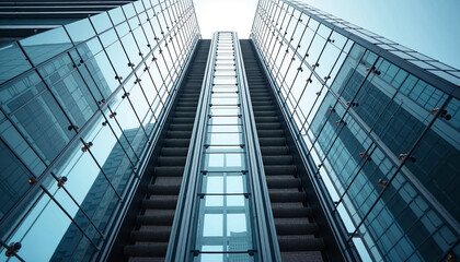 Obraz premium Modern skyscraper view from below features glass and steel elements, creating an impressive facade. Modern skyscraper is reflecting blue sky, and its height emphasizes architectural design.