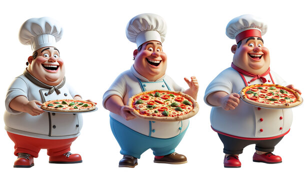 Funny cartoon fat chef with pizza isolated on transparent background