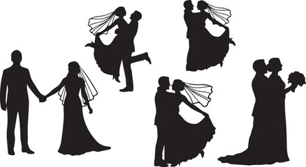 Elegant wedding couple silhouettes collection, perfect for romantic celebrations, featuring diverse poses of bride and groom for digital design and event invitations