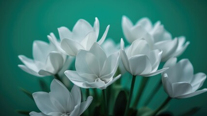 Macro shot of cyclamen origami flowers in bloom, flower, summer, nature, white, floral, beauty, garden, green, color, green background