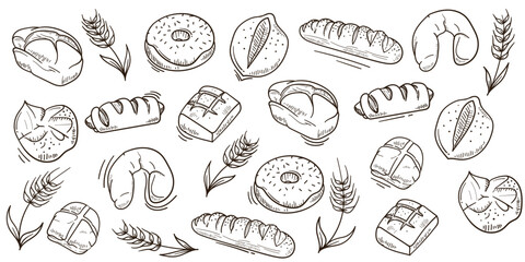 Set collection of bread illustration in hand drawn design for bread shop advertisement background