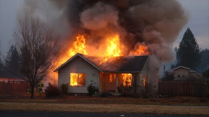 Fire spreads rapidly through the house as firefighters respond to the alarming scene at sunset.
