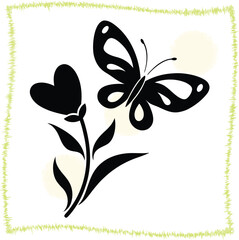 Graphic floral design featuring a butterfly and flower with heart shaped petals creating a charming and simplistic aesthetic perfect for various creative projects