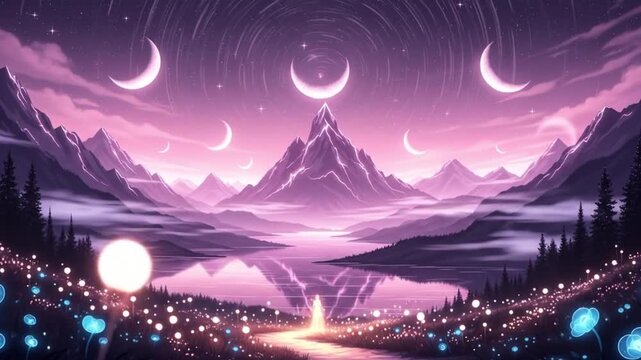 Enchanting mountain landscape video with crescent moons and glowing lights, perfect for fantasy games or dreamy backgrounds